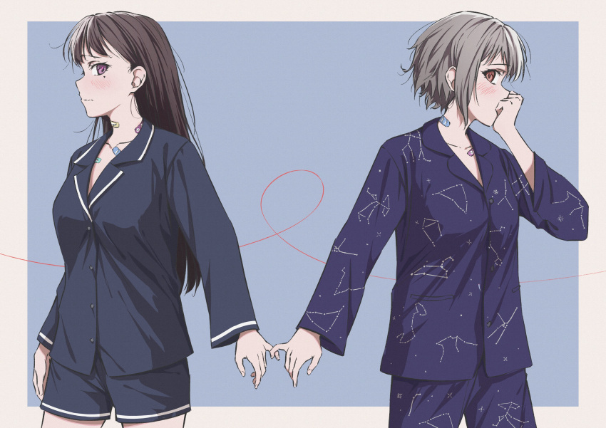2girls absurdres bandaid bandaid_on_neck bang_dream! bang_dream!_it's_mygo!!!!! blue_pajamas blush border breasts brown_eyes brown_hair collarbone commentary constellation_print constellation_request covering_mouth cowboy_shot grey_hair highres light_blue_background long_hair looking_at_another looking_to_the_side mole mole_under_eye multiple_girls pajamas pinky_swear raito_taisha shiina_taki short_hair string string_of_fate takamatsu_tomori violet_eyes wavy_mouth white_border yuri