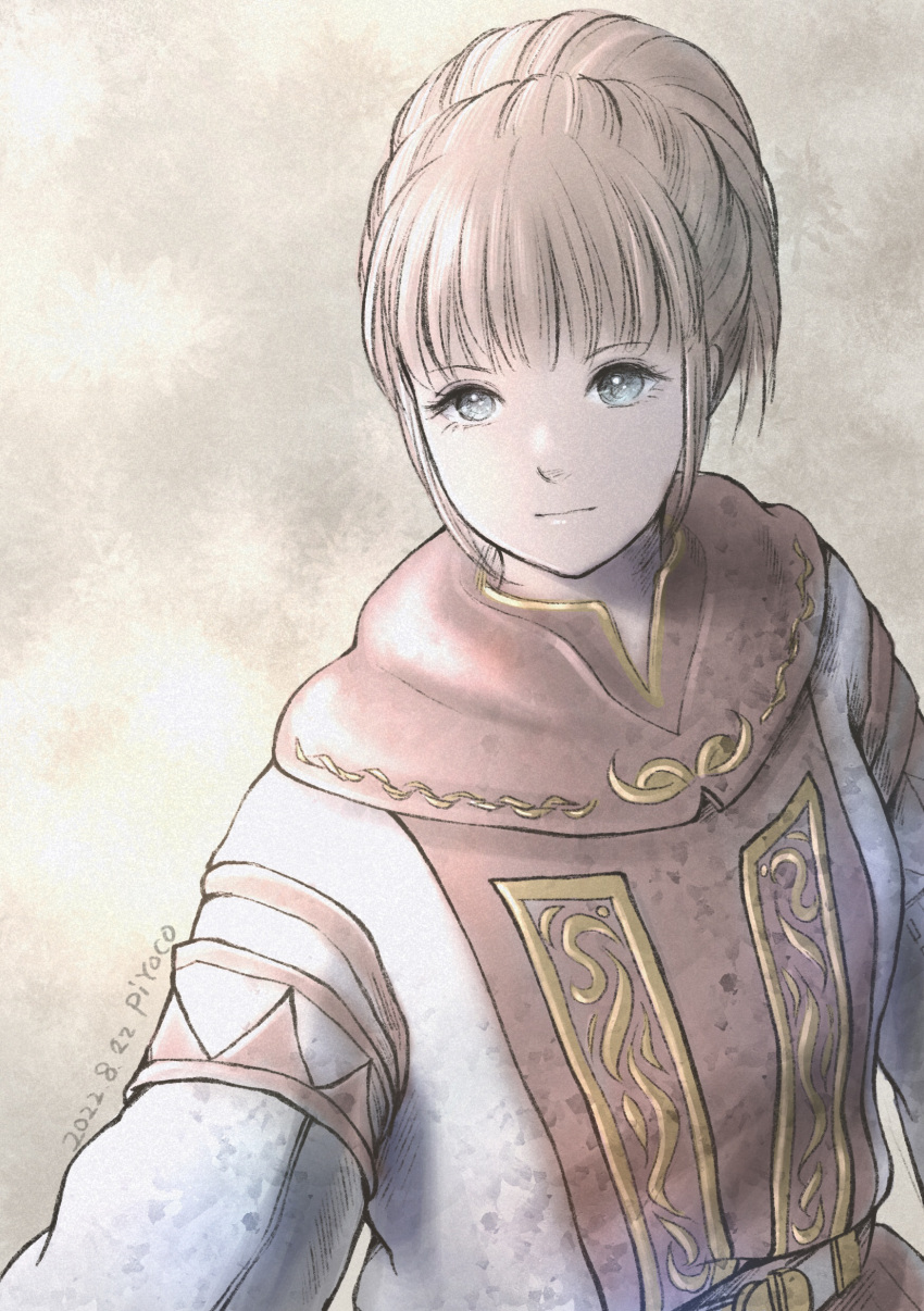 1girl 2022 absurdres adventurer_(ff11) artist_name blue_eyes brown_hair closed_mouth dated final_fantasy final_fantasy_xi highres hume piyoco robe short_hair solo upper_body white_mage