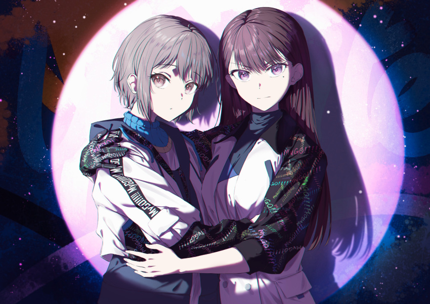 2girls :o :| absurdres bang_dream! bang_dream!_it's_mygo!!!!! brown_eyes brown_hair chromatic_aberration closed_mouth commentary gloves grey_hair highres hug jacket light_particles long_hair looking_at_viewer mole mole_under_eye multiple_girls official_alternate_costume open_clothes open_jacket raito_taisha shadow short_hair single_glove spotlight text_print violet_eyes
