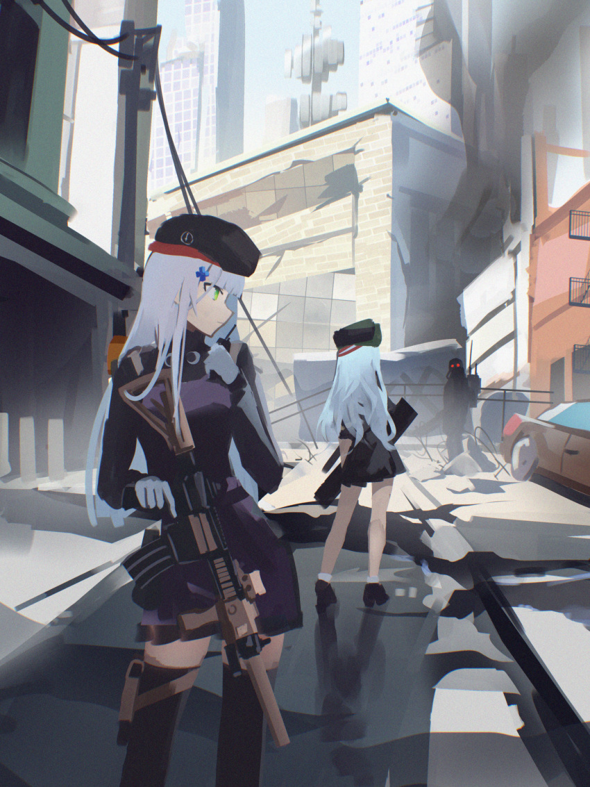 1other 2girls assault_rifle beret black_footwear black_headwear black_thighhighs blue_hair building car city closed_mouth contrapposto danraz0r english_commentary facing_away fire_escape g11_(girls'_frontline) girls_frontline gloves green_eyes grey_hair gun h&amp;k_g11 h&amp;k_hk416 hat highres hk416_(girls'_frontline) holding holding_gun holding_radio holding_weapon holster light_blue_hair long_hair long_sleeves looking_to_the_side military motor_vehicle multiple_girls outdoors paid_reward_available power_lines profile radio_antenna red_eyes rifle road ruins sketch_background skirt standing street thigh-highs thigh_holster trigger_discipline utility_pole weapon white_gloves wide_shot zettai_ryouiki