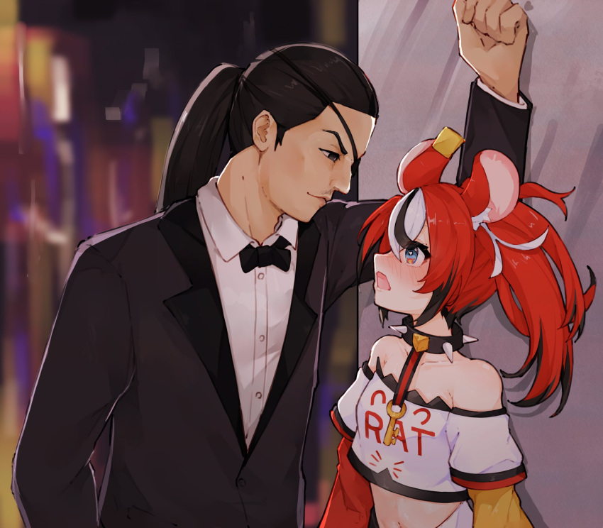 1boy 1girl against_wall animal_ears bare_shoulders black_hair blush bow bowtie collar commentary crossover english_commentary eyepatch hakos_baelz hetero highres hololive hololive_english kabedon looking_at_another ma_draws majima_goro midriff mouse_ears multicolored_hair ponytail redhead ryuu_ga_gotoku_(series) spiked_collar spikes streaked_hair suit twintails virtual_youtuber wall_slam