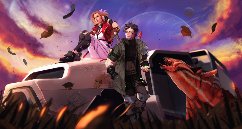 1boy 1girl aerith_gainsborough aerith_gainsborough_(cosplay) apex_legends ball bangle belt black_footwear black_gloves black_hair black_pants black_sweater blue_eyes blurry blurry_foreground bodysuit boots bracelet breasts brown_belt brown_hair chocobo cloud_strife cloud_strife_(cosplay) clouds cloudy_sky coat corsage cosplay creature cropped_jacket crossover crypto_(apex_legends) facial_mark falling_feathers falling_leaves final_fantasy final_fantasy_vii final_fantasy_vii_rebirth final_fantasy_vii_remake fingerless_gloves flower full_body gloves green_eyes grey_coat hair_ribbon hand_in_own_hair hand_in_pocket harness highres holding holding_ball horizon_(apex_legends) ifragmentix jacket jewelry knee_pads leaf leaning_back materia medium_breasts multiple_belts official_art outdoors pants parted_bangs parted_lips pink_bodysuit pink_ribbon prowler_(titanfall) quilted_clothes red_jacket ribbon shin_guards short_hair short_sleeves sitting sky smile suspenders sweater thigh_strap tongue tongue_out turtleneck turtleneck_sweater weapon weapon_on_back yellow_flower