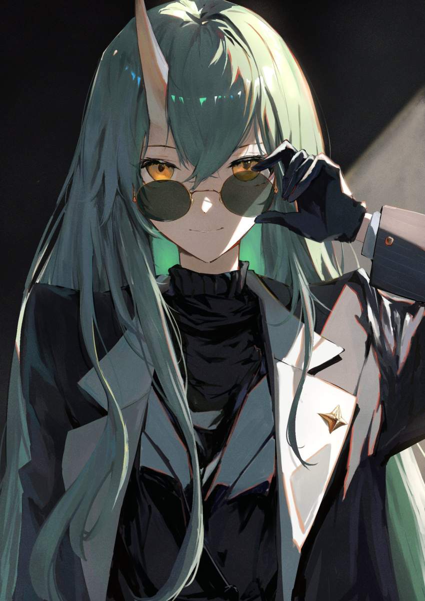 1girl adjusting_eyewear alternate_costume arknights black_background black_gloves black_jacket black_sweater black_vest breasts buttoned_cuffs buttons closed_mouth commentary crossed_bangs eyelashes film_grain gloves green_hair grey_background hair_between_eyes hair_flowing_over hand_up highres horns hoshiguma_(arknights) jacket kissshotmagia lapel_pin lapels layered_clothes layered_sleeves light_smile long_hair long_sleeves looking_at_viewer looking_over_eyewear medium_breasts notched_lapels oni oni_horns open_clothes open_jacket round_eyewear shade shadow sidelighting single_horn skin-covered_horns solo standing straight-on straight_hair sunglasses sweater tinted_eyewear turtleneck turtleneck_sweater two-tone_background upper_body very_long_hair vest yellow-framed_eyewear yellow_eyes