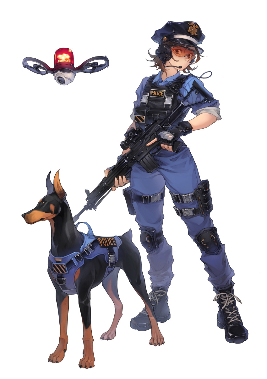1girl absurdres blue_pants blue_shirt brown_hair dog full_body gun hat highres holding holding_gun holding_weapon original pants police police_hat police_uniform policewoman sauna_posa shirt short_hair simple_background solo standing uniform weapon white_background