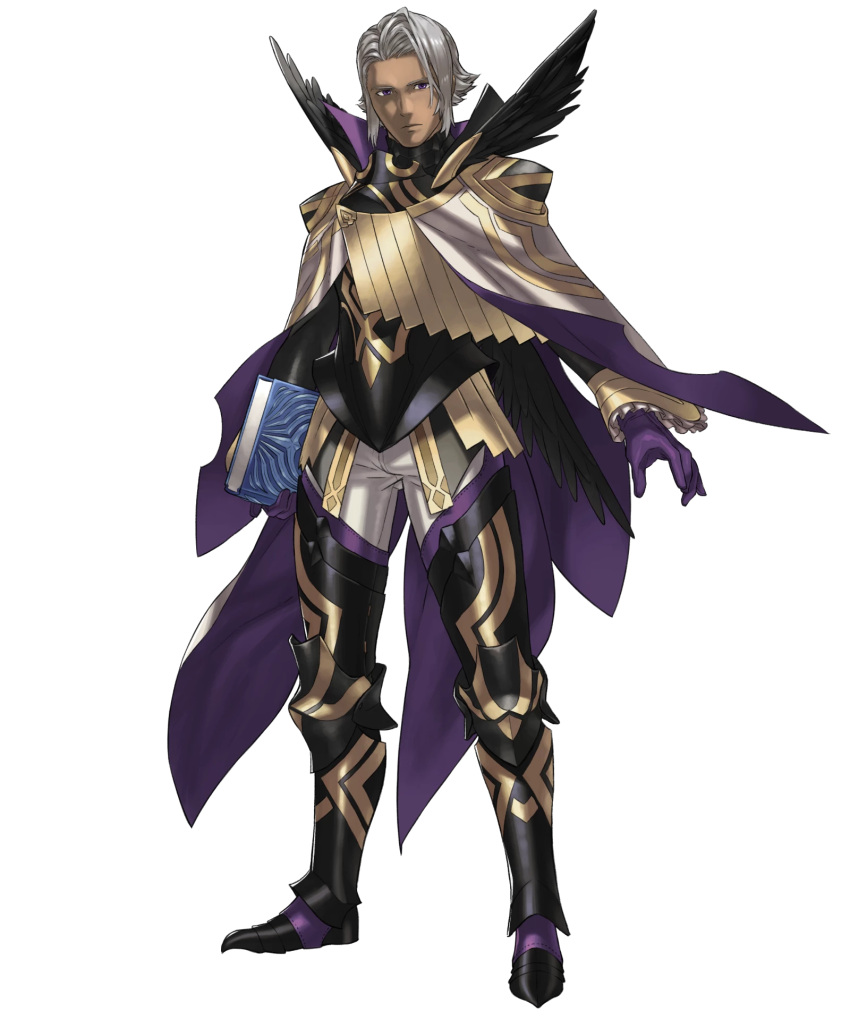 1boy armor armored_boots book boots cape dark-skinned_male dark_skin feathers fire_emblem fire_emblem_heroes full_body gloves highres kozaki_yuusuke male_focus mysterious_man_(fire_emblem) no_mask non-web_source official_art solo transparent_background white_hair