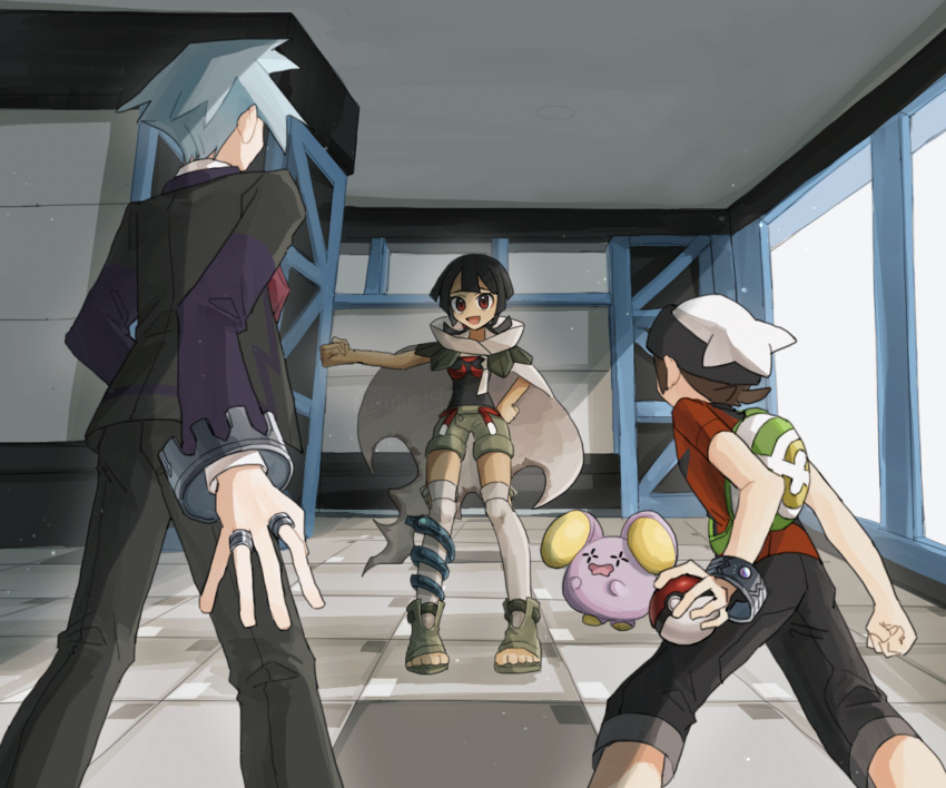 1girl 2boys beanie black_hair blue_hair brendan_(pokemon) brown_hair cape hat highres holding holding_poke_ball indoors looking_at_another mega_ring mio14s multiple_boys poke_ball poke_ball_(basic) pokemon pokemon_(creature) pokemon_oras red_eyes rope_belt shorts standing steven_stone torn_cape torn_clothes whismur zinnia_(pokemon)