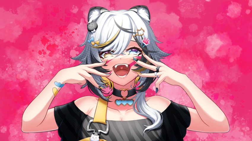 absurdres animal_(vocaloid) animal_ears bandages bare_shoulders black_hair blonde_hair blue_eyes choker clero_(viprimo) erika_byakko fangs hair_ornament highres jewelry multicolored_hair nail_polish open_mouth paint_splatter paint_splatter_on_face pink_background ring streaked_hair tiger_ears virtual_youtuber vreverie white_hair yellow_eyes