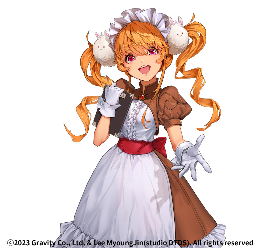 1girl apron blonde_hair brooch brown_dress clipboard commentary_request cowboy_shot curly_sue dress drill_hair frilled_apron frilled_dress frills gloves hair_ornament highres holding holding_clipboard jewelry kafra_uniform long_hair looking_at_viewer lunatic_(ragnarok_online) maid maid_headdress myo-zin open_mouth orange_hair pink_eyes puffy_short_sleeves puffy_sleeves rabbit_hair_ornament ragnarok_online red_sash sash short_sleeves simple_background smile solo teeth transparent_background twin_drills twintails upper_teeth_only watermark white_apron white_gloves
