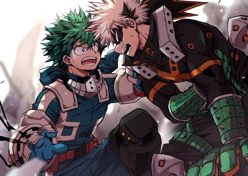 2boys alternate_eye_color aqua_bodysuit bakugou_katsuki belt belt_pouch black_mask black_pants black_whip_(boku_no_hero_academia) blonde_hair blue_gloves blurry blurry_background blurry_foreground boku_no_hero_academia bright_pupils chiyaya dutch_angle eye_mask foreshortening freckles from_side furrowed_brow gloves green_eyes green_gloves green_hair hair_between_eyes hand_on_another's_shoulder hand_on_ground hand_on_own_stomach hands_up headgear high_collar highres knee_guards knees_up leaning_forward looking_at_another male_focus midoriya_izuku multiple_boys open_hand open_mouth orange_eyes orange_gloves pants pouch profile red_belt rubble sanpaku short_hair single_horizontal_stripe snap-fit_buckle spiky_hair sweatdrop tendril two-tone_gloves upper_body utility_belt v-shaped_eyebrows white_pupils worried wrist_guards x