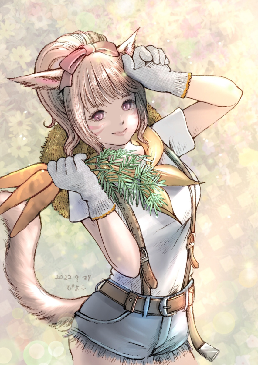 1girl 2022 animal_ears arm_up artist_name belt blonde_hair blue_shorts breasts brown_belt carrot cat_ears cat_girl cat_tail closed_mouth cowboy_shot cutoffs dated facial_mark final_fantasy final_fantasy_xiv gloves hair_ribbon hand_up hat highres holding holding_carrot long_hair medium_breasts miqo'te pink_lips piyoco ponytail red_ribbon ribbon shirt short_sleeves shorts smile solo standing straw_hat suspender_shorts suspenders t-shirt tail tail_raised warrior_of_light_(ff14) whisker_markings white_gloves white_shirt yellow_headwear yellow_tail