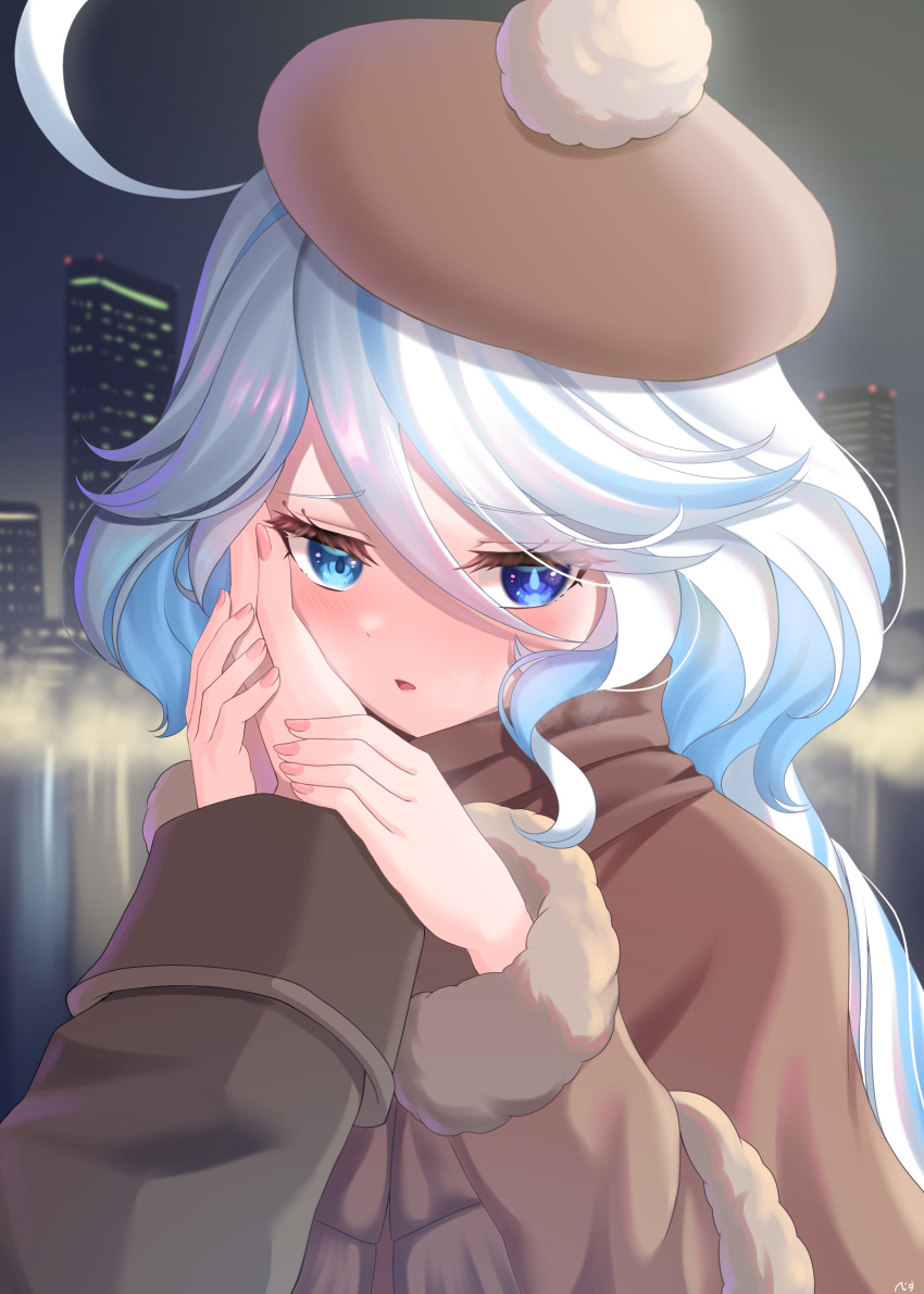 1girl absurdres beret blue_eyes blue_hair blush brown_coat brown_headwear cityscape coat cowlick drop-shaped_pupils furina_(genshin_impact) genshin_impact hair_between_eyes hand_on_another's_cheek hand_on_another's_face hands_on_another's_hands hands_up hat heterochromia highres light_blue_hair long_hair looking_at_viewer mismatched_pupils night nigurasute open_mouth pov pov_hands reflection water winter_clothes