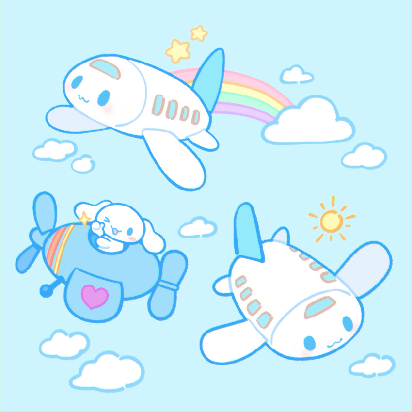 aircraft airplane biskyfresh blue_background cinnamoroll clouds commentary english_commentary heart highres looking_at_viewer no_humans one_eye_closed rainbow sanrio simple_background smile sun thumbs_up