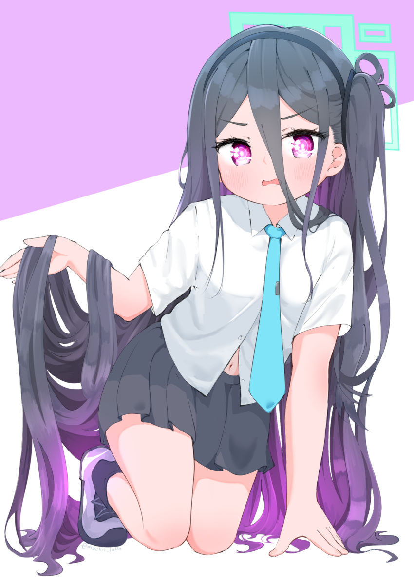 &lt;key&gt;_(blue_archive) 1girl :d absurdly_long_hair all_fours aqua_halo black_hairband black_skirt blue_archive blue_hair blue_necktie blush collared_shirt dark_blue_hair frown furrowed_brow gradient_hair hair_between_eyes hairband halo hand_up highres long_hair looking_at_viewer machiaato mechanical_halo multicolored_hair navel necktie one_side_up open_mouth pleated_skirt purple_background purple_hair ringed_eyes shirt short_sleeves skirt smile solo tie_clip two-tone_background very_long_hair violet_eyes white_background white_footwear white_shirt