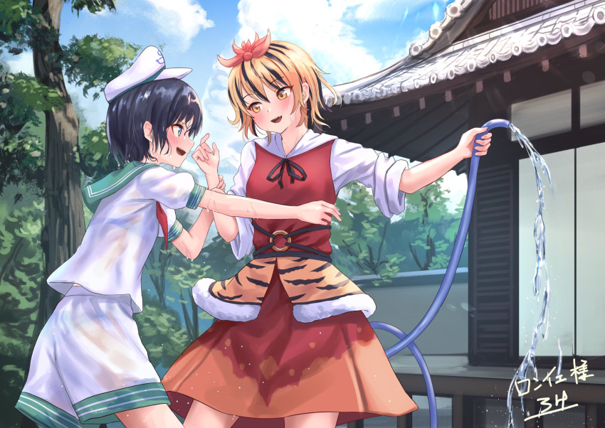 2girls architecture artist_name black_hair blonde_hair blue_eyes building commentary_request commission day east_asian_architecture fang hair_ornament happy hat highres holding_another's_wrist hose multicolored_hair multiple_girls murasa_minamitsu neckerchief open_mouth outdoors plant playing profile roke_(taikodon) sailor_collar sailor_hat second-party_source short_sleeves shorts signature skeb_commission standing toramaru_shou touhou tree two-tone_hair water wet wet_clothes wet_hair yellow_eyes