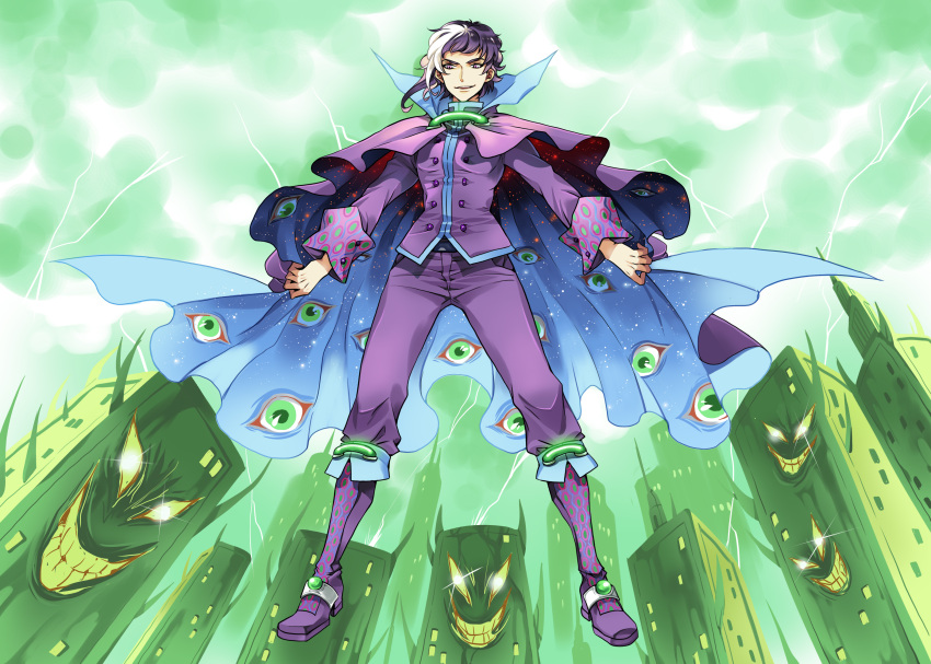1boy absurdres building cape commentary commission eguana english_commentary evil_grin evil_smile full_body grin highres jacket male_focus original pants purple_cape purple_hair purple_jacket purple_pants second-party_source smile solo two-sided_cape two-sided_fabric violet_eyes white_hair