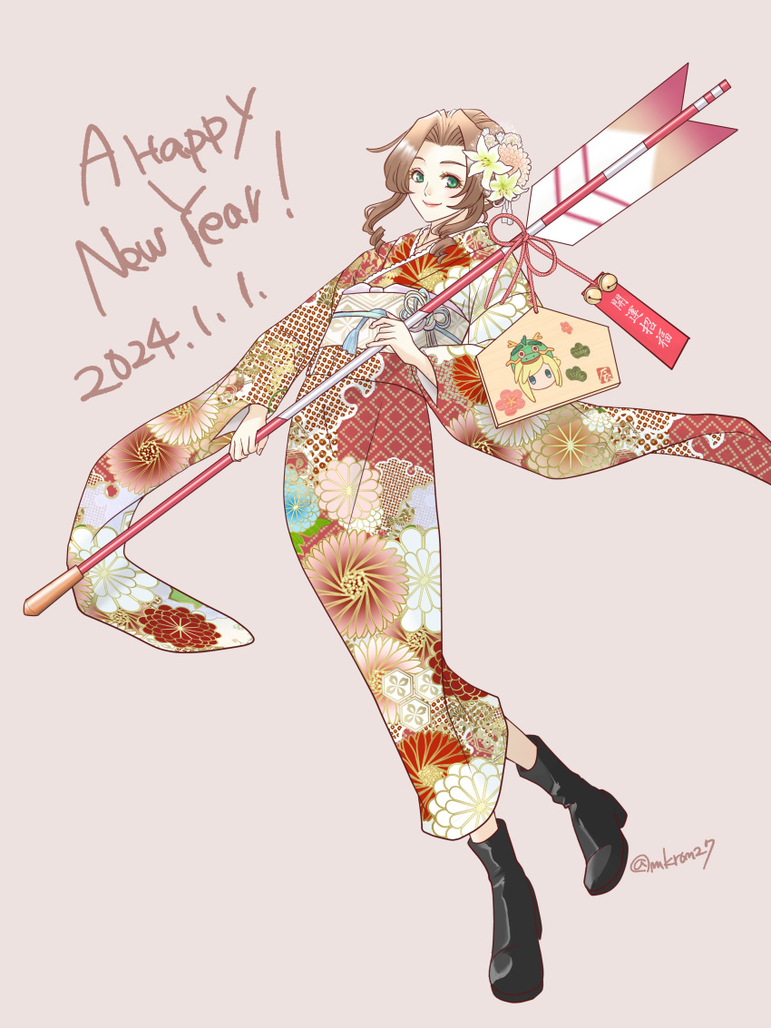 1girl absurdres aerith_gainsborough alternate_costume arrow_(projectile) bell black_footwear boots brown_hair closed_mouth cloud_strife dated final_fantasy final_fantasy_vii floral_print flower full_body green_eyes grey_background hair_flower hair_ornament happy_new_year highres holding holding_arrow japanese_clothes kimono lily_(flower) long_hair looking_at_viewer makiron obi parted_bangs pink_flower sash sidelocks smile solo twitter_username updo wavy_hair wide_sleeves yellow_flower