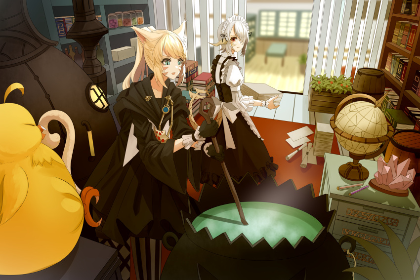 2girls animal_ears apron asymmetrical_legwear au_ra barrel black_dress black_gloves black_robe blonde_hair blue_eyes blurry bomb_(final_fantasy) bookshelf bottle cat_ears cat_tail cauldron crystal depth_of_field dragon_horns dragon_tail dress fat_chocobo feet_out_of_frame final_fantasy final_fantasy_xiv flat_chest frilled_dress frills furnace globe gloves hair_over_one_eye highres holding holding_staff horns indoors jar long_bangs looking_at_another looking_down mage_staff maid maid_apron maid_headdress miqo'te multiple_girls ojiki pantyhose paper_stack pile_of_books plant potted_plant red_eyes robe rug scroll scrunchie shelf slit_pupils staff stirring striped striped_pantyhose tail test_tube white_hair white_headdress wrist_scrunchie