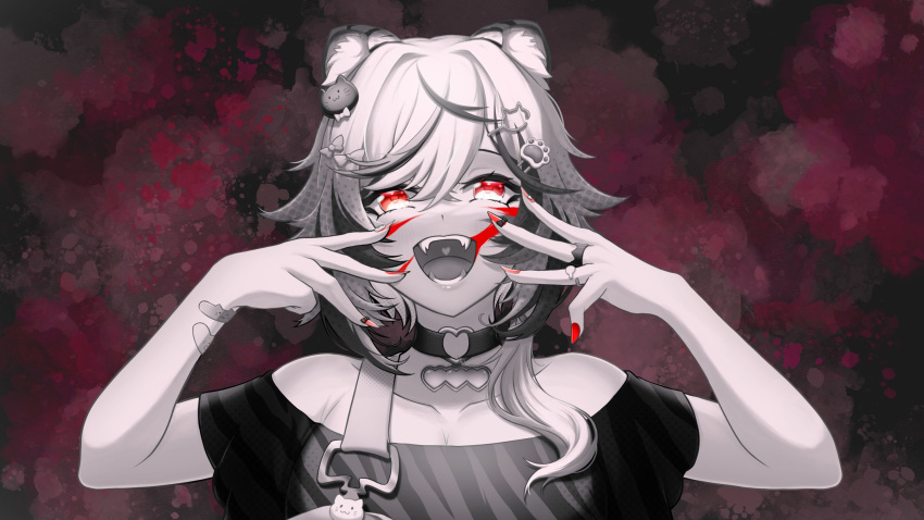 1girl absurdres animal_(vocaloid) animal_ears bandages choker clero_(viprimo) dark_background erika_byakko fangs hair_ornament hands_in_hair highres monochrome multicolored_hair nail_polish open_mouth paint_splatter paint_splatter_on_face red_eyes short_hair solo spot_color streaked_hair tiger_ears virtual_youtuber vreverie