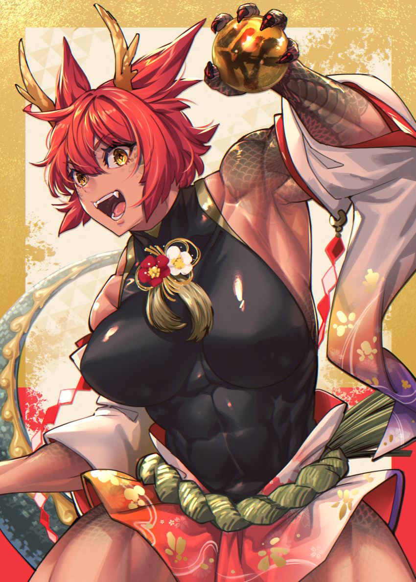 1girl abs animal_ears breasts chinese_new_year chinese_text claws dragon_girl dragon_horns dragon_tail fangs flower highres horns large_breasts leotard mikel_(4hands) muscular muscular_female original robe rope_belt scales solo tail tattoo thick_thighs thighs turtleneck yellow_eyes