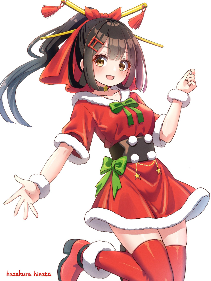 1girl :d artist_name black_hair blush bow brown_eyes choker christmas cowboy_shot dress fur-trimmed_dress fur_trim green_bow hair_ornament hazakura_hinata highres long_hair looking_at_viewer open_mouth original ponytail red_dress red_footwear red_thighhighs santa_costume simple_background smile solo thigh-highs white_background