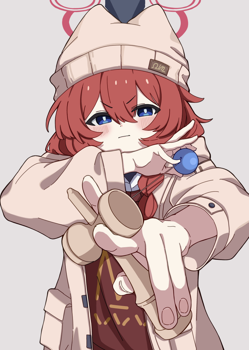1girl absurdres beanie blue_archive blue_eyes blush bow braid brown_headwear brown_jacket brown_shirt closed_mouth collared_shirt grey_background hair_between_eyes hat highres jacket kendama kuzuuo long_hair long_sleeves looking_at_viewer maki_(blue_archive) maki_(camp)_(blue_archive) official_alternate_costume official_alternate_hairstyle open_clothes open_jacket red_bow shirt simple_background solo twin_braids white_shirt