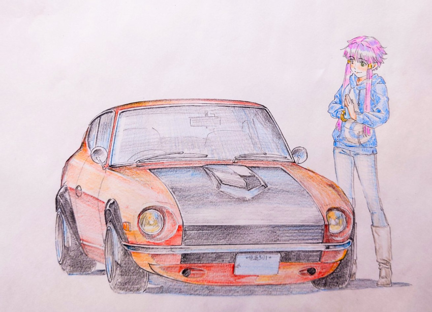 1girl alternate_costume aria_(manga) blue_gloves blue_hoodie blue_pants boots car closed_mouth commentary cwind datsun_240z fingerless_gloves full_body gloves gold_bracelet green_eyes hair_tubes hood hood_down hoodie license_plate long_sleeves mizunashi_akari motor_vehicle nissan_fairlady_z orange_car own_hands_together pants pink_hair short_hair_with_long_locks simple_background single_glove sketch smile solo sports_car standing traditional_media vehicle_focus white_footwear