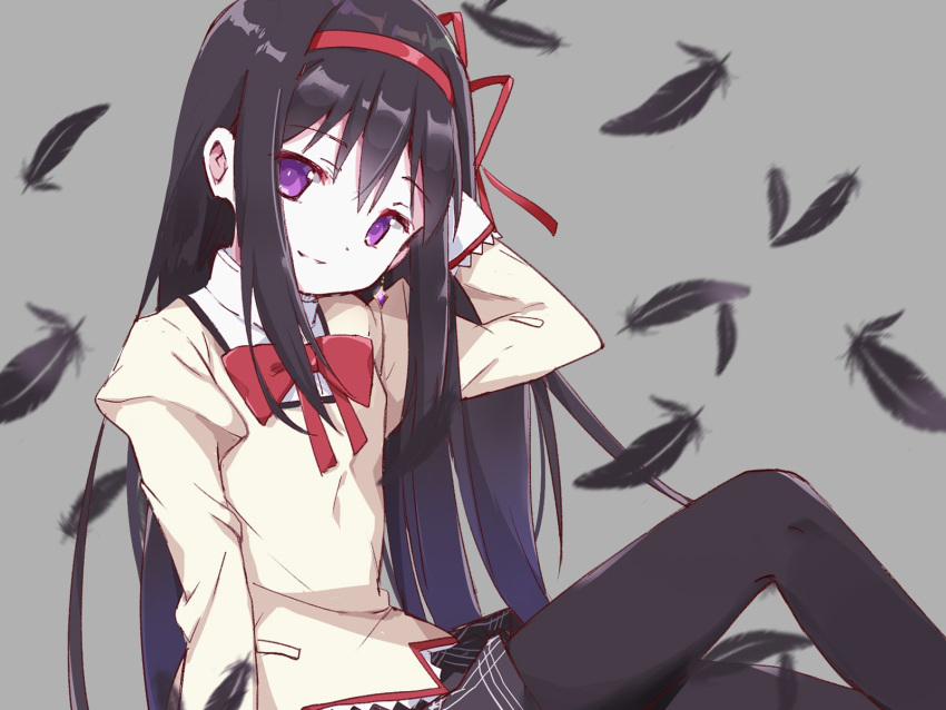 1girl akemi_homura black_feathers black_hair black_pantyhose black_skirt bow bowtie commentary_request falling_feathers feathers flat_chest grey_background hair_between_eyes hair_ribbon hairband hand_on_own_head hand_up head_tilt highres juliet_sleeves knees_up long_sleeves looking_at_viewer mahou_shoujo_madoka_magica mahou_shoujo_madoka_magica_(anime) pantyhose plaid plaid_skirt puffy_sleeves red_bow red_bowtie red_hairband red_ribbon ribbon shirt sidelocks sitting skirt smile solo straight_hair tsubaki_(tatajd) violet_eyes yellow_shirt