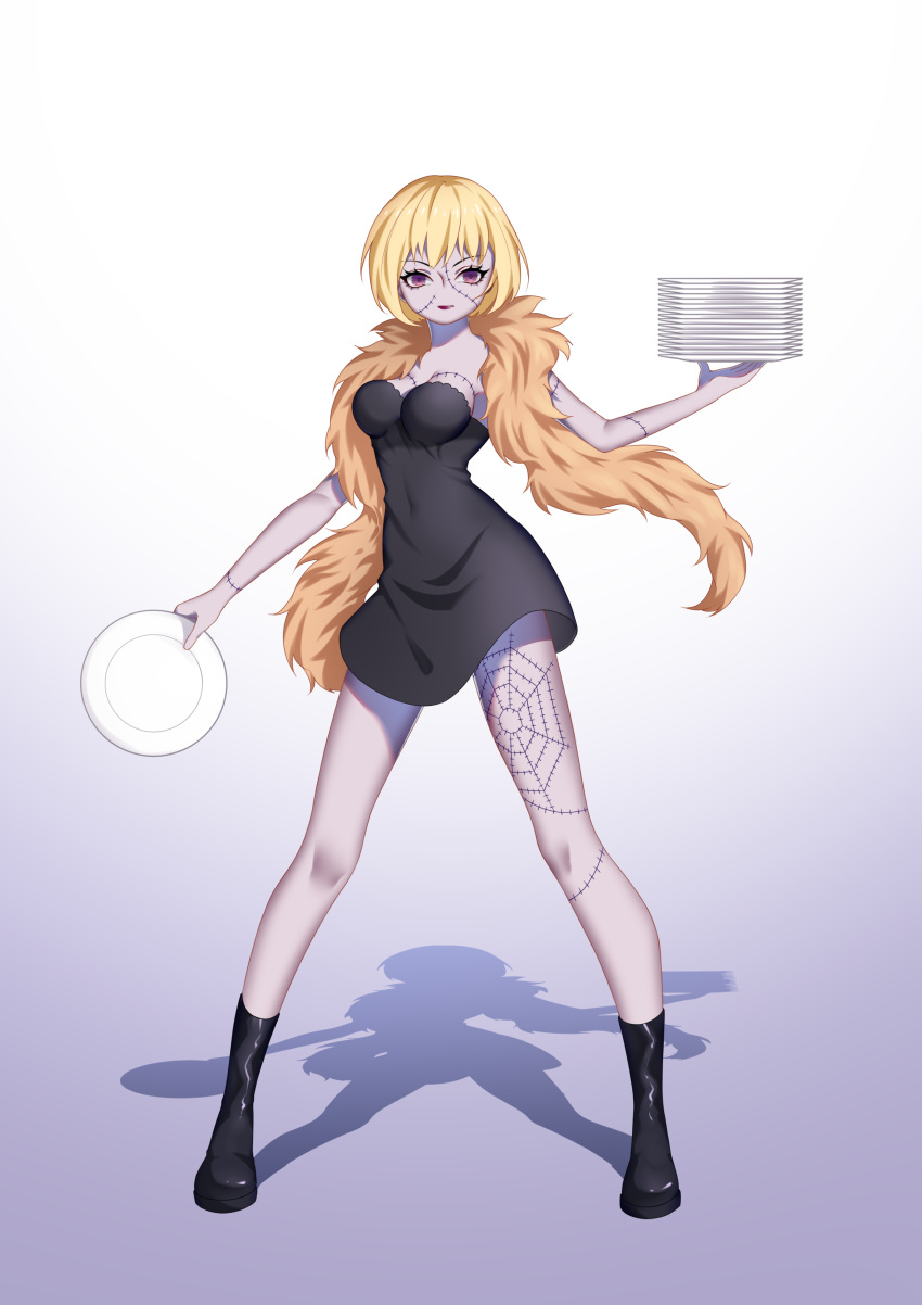 1girl absurdres blonde_hair boots feather_boa gradient_background highres holding holding_plate koshikun looking_at_viewer one_piece plate purple_background scar shadow short_hair simple_background solo victoria_cindry violet_eyes white_background
