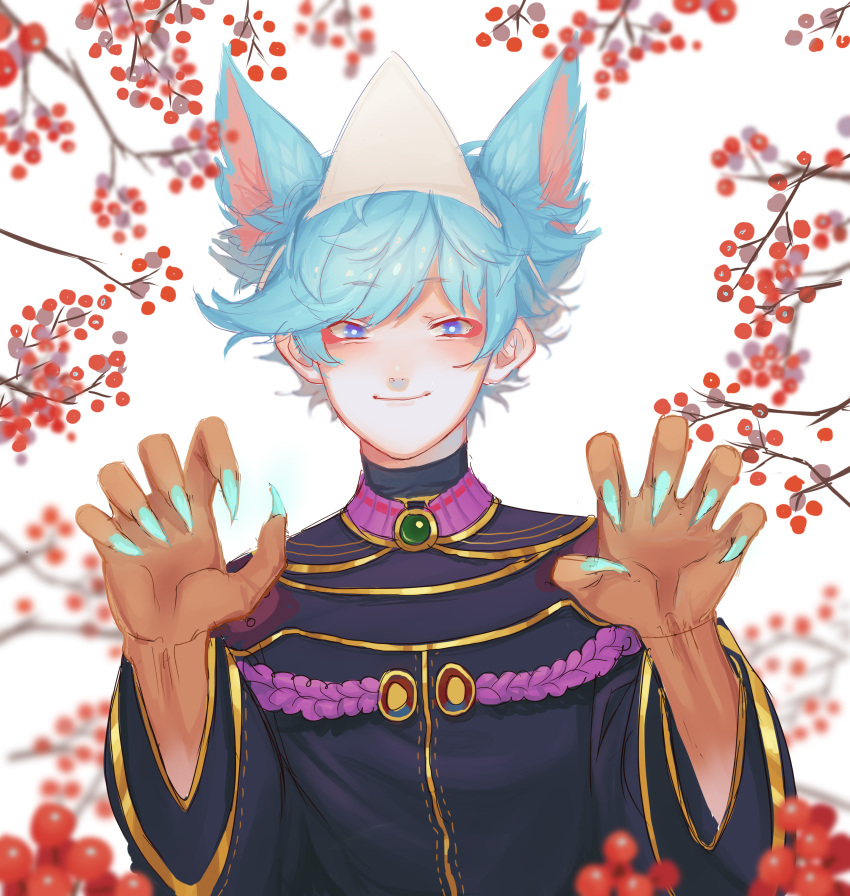 1boy absurdres animal_ears astrocatsama berry black_jacket black_sleeves blue_eyes blue_hair blue_nails cat_ears chest_jewel chinese_clothes claw_pose closed_mouth commentary dark_skin english_commentary fingernails gem gold_trim gradient_skin green_gemstone highres jacket light_blush long_sleeves male_focus original ribbon-trimmed_jacket sharp_fingernails short_hair simple_background smile solo straight-on tangzhuang triangular_headpiece turtleneck turtleneck_jacket upper_body very_short_hair white_background