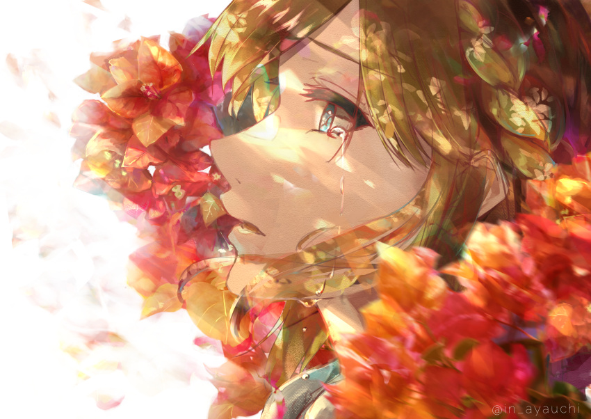 1girl ayauchi blue_eyes brown_hair crying crying_with_eyes_open flower highres parted_lips portrait profile solo tears twitter_username violet_evergarden violet_evergarden_(series)