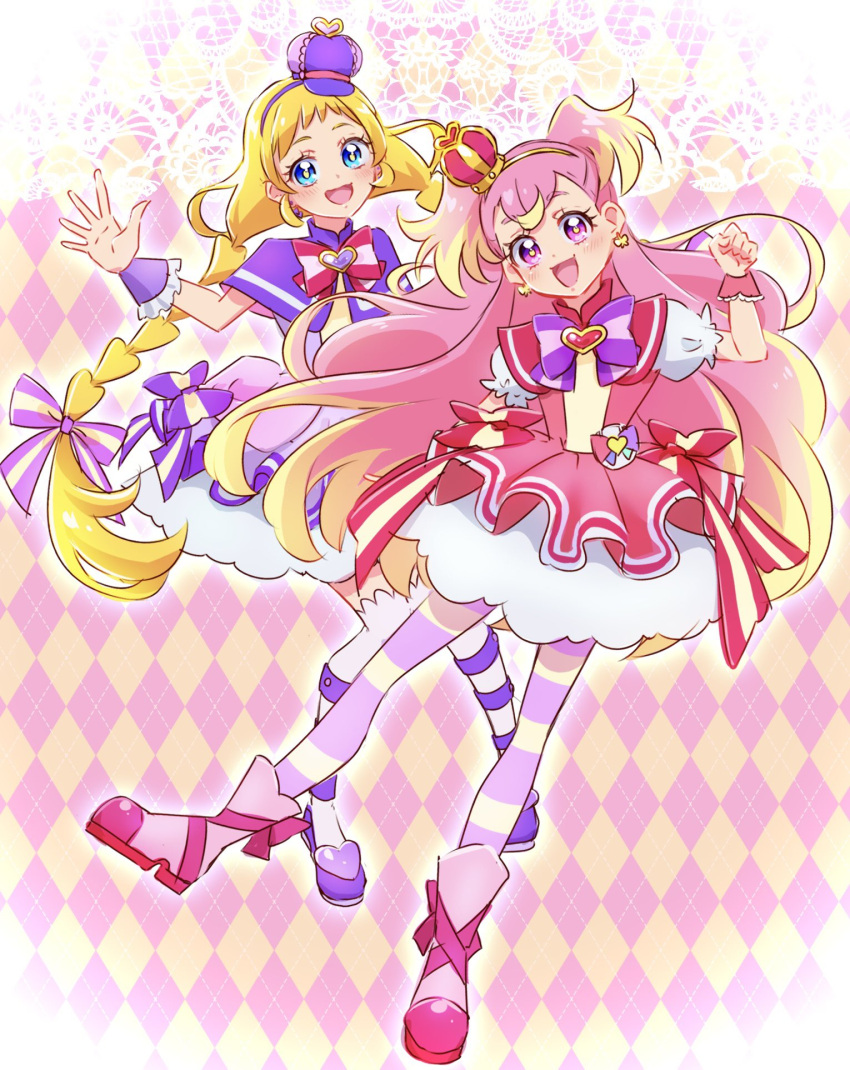 2girls :d blonde_hair blue_eyes blush boots bow braid brooch checkered_background commentary_request crown cure_friendy cure_wonderful dress dress_bow earrings eyelashes fpminnie1 full_body gradient_hair hair_ornament hairband happy heart heart_brooch highres inukai_iroha inukai_komugi jewelry long_hair looking_at_viewer low_twin_braids low_twintails magical_girl mini_crown multicolored_bow multicolored_clothes multicolored_hair multicolored_legwear multiple_girls open_mouth pantyhose petticoat pink_dress pink_eyes pink_footwear pink_hair pouch precure puffy_short_sleeves puffy_sleeves purple_bow purple_dress purple_wrist_cuffs shoes short_dress short_sleeves sketch smile standing standing_on_one_leg streaked_hair striped striped_bow striped_pantyhose thigh-highs thighs twin_braids twintails two-tone_hair two_side_up wonderful_precure! wrist_cuffs yellow_hairband