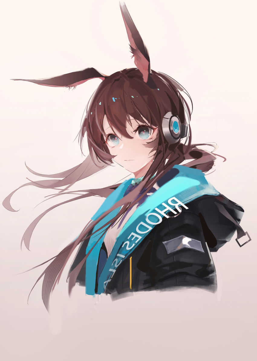 1girl absurdres amiya_(arknights) animal_ear_fluff animal_ears arknights black_jacket blue_eyes brown_background brown_hair closed_mouth commentary_request cropped_torso hair_between_eyes highres hood hood_down hooded_jacket jacket long_hair lxc open_clothes open_jacket ponytail rabbit_ears revision shirt solo unaligned_ears upper_body white_shirt