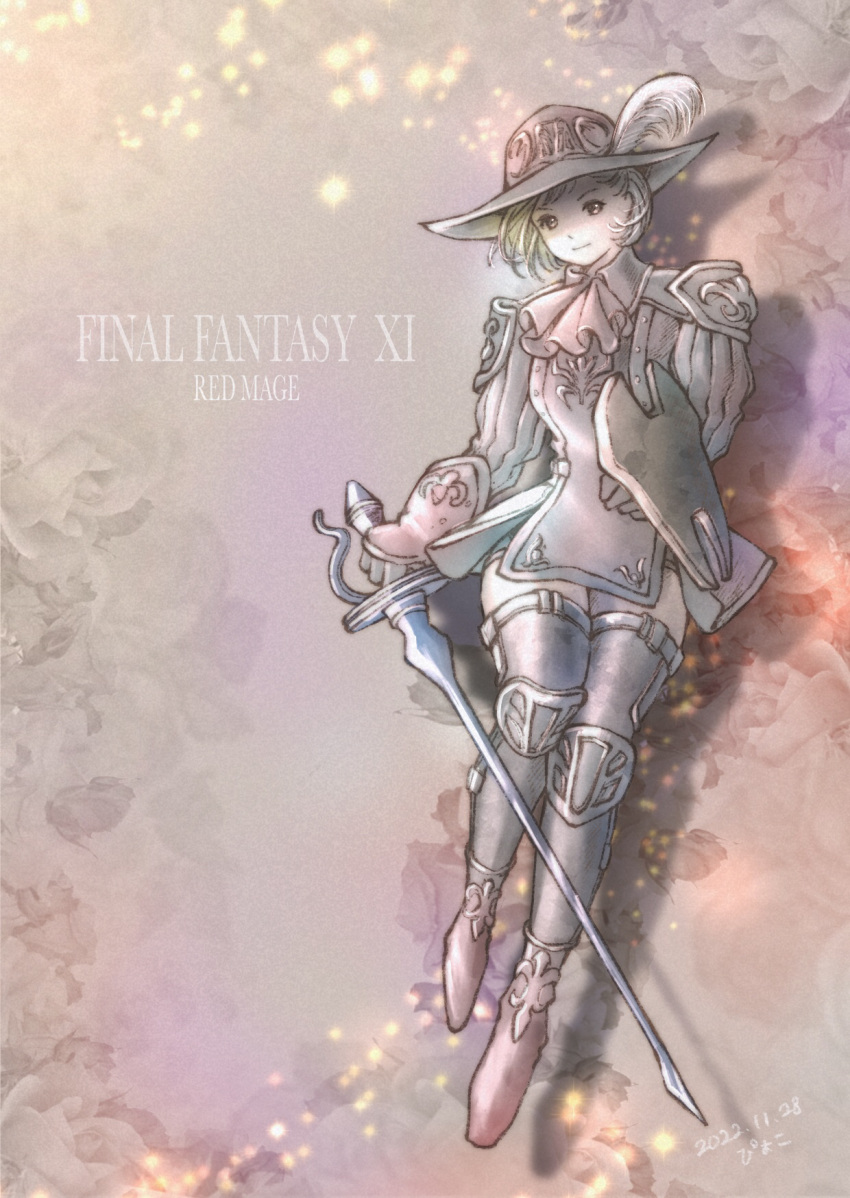 1girl 2022 adventurer_(ff11) artist_name ascot black_gloves black_thighhighs blonde_hair closed_mouth copyright_name dated drop_shadow final_fantasy final_fantasy_xi full_body gloves hat hat_feather highres holding holding_sword holding_weapon hume piyoco red_ascot red_eyes red_footwear red_mage shield short_hair solo sword thigh-highs weapon