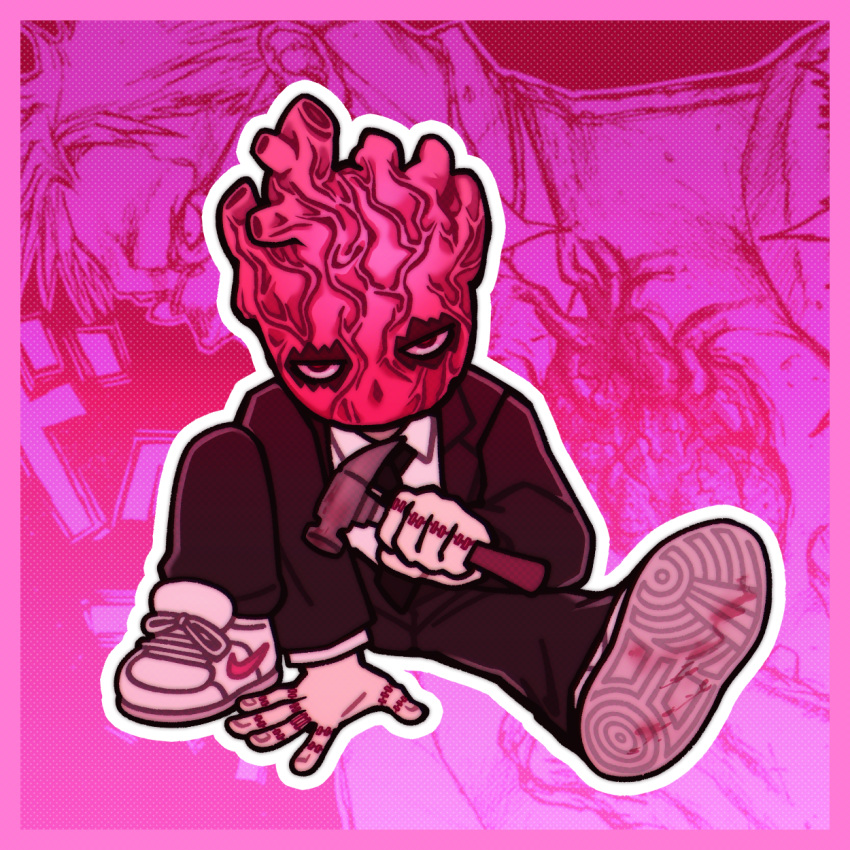 1boy biskyfresh black_pants border commentary dorohedoro english_commentary formal full_body hammer heart_(organ) highres holding holding_hammer looking_at_viewer male_focus necktie nike outline pants pink_border shin_(dorohedoro) shoes sitting sneakers solo stitched_fingers stitches suit white_footwear white_outline