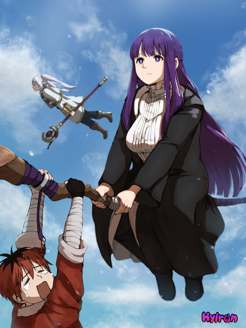 1boy 2girls :t absurdres breasts bright_pupils commentary crying elf fern_(sousou_no_frieren) flying frieren highres hylran0427 large_breasts long_hair multiple_girls pointy_ears purple_hair redhead sousou_no_frieren staff_riding stark_(sousou_no_frieren) twintails violet_eyes white_pupils