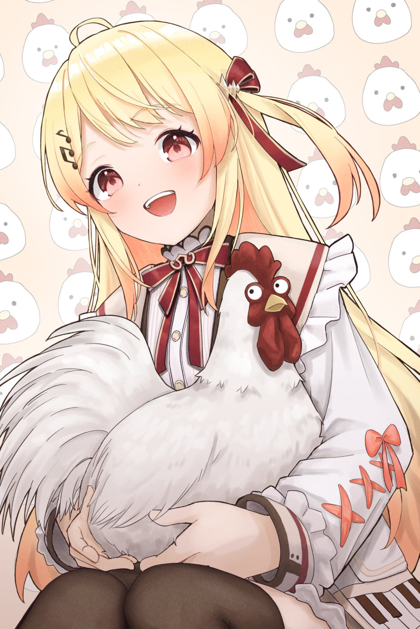 1girl :d ahoge animal bird black_thighhighs blush chicken commentary_request frilled_shirt_collar frilled_sleeves frills hair_ribbon highres holding holding_animal holding_bird hololive invisible_chair long_hair looking_at_viewer neck_ribbon one_side_up open_mouth otonose_kanade red_ribbon ribbon shirt sitting smile solo thigh-highs very_long_hair virtual_youtuber wattai white_shirt zettai_ryouiki