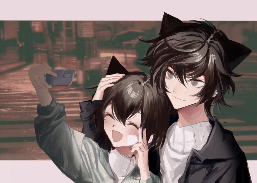 2boys animal_ears aoyagi_ritsuka aoyagi_seimei arm_up bandage_on_face bandages black_hair black_jacket blurry blurry_background blush brothers cat_boy cat_ears cellphone closed_eyes commentary green_jacket grey_eyes hand_on_another's_head hand_up happy highres holding holding_phone hood hooded_jacket jacket loveless male_focus multiple_boys open_mouth outdoors phone photo_background playground selfie short_hair siblings smartphone smile standing sweater taking_picture turtleneck upper_body user_nfzt8223 v wavy_hair white_sweater