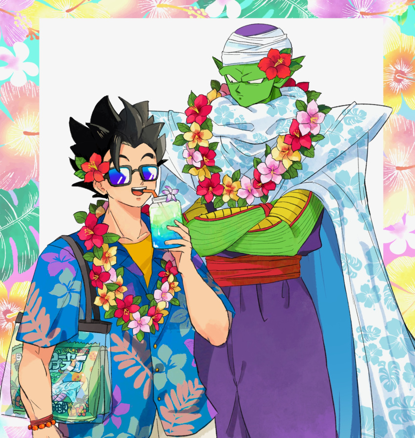 2boys :d bag black-framed_eyewear black_hair blue_shirt border bracelet buttons cape closed_mouth collared_shirt colored_skin commentary_request crossed_arms cup dougi dragon_ball dragon_ball_super drinking_straw floral_border floral_print flower flower_necklace frown green_skin hair_flower hair_ornament hand_up hawaiian_shirt hibiscus highres holding holding_cup j_ooey jewelry lei looking_at_another male_focus multiple_boys namekian no_eyebrows open_mouth pants piccolo pointy_ears print_cape purple_pants red_flower red_sash sash shirt short_hair short_sleeves shoulder_bag shoulder_pads sideways_glance simple_background smile son_gohan spiky_hair sunglasses teeth turban upper_teeth_only v-shaped_eyebrows white_background white_cape yellow_shirt