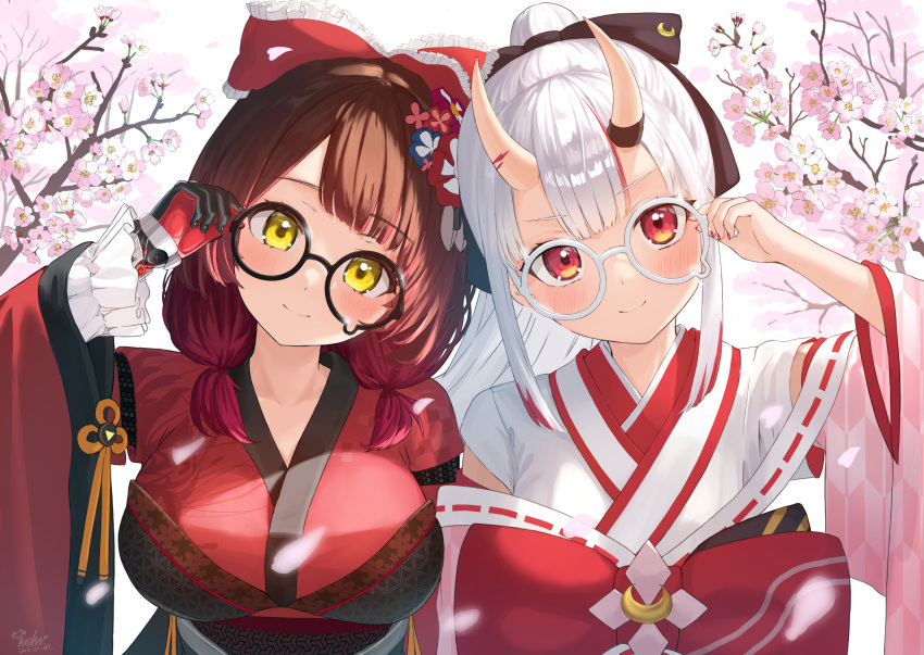 2girls adjusting_eyewear android artist_name black_bow blush bow breasts brown_hair cherry_blossoms closed_mouth commentary_request falling_petals flower frilled_sleeves frills glasses gradient_hair hair_bow hair_flower hair_ornament hand_up highres hololive horns japanese_clothes kanzashi kimono large_breasts long_hair long_sleeves looking_at_viewer mechanical_arms medium_hair multicolored_hair multiple_girls nail_polish nakiri_ayame nakiri_ayame_(new_year) nanaushi official_alternate_costume official_alternate_hairstyle oni oni_horns petals ponytail red_bow red_eyes red_kimono red_nails redhead roboco-san roboco-san_(new_year) short_ponytail side-by-side sidelocks skin-covered_horns smile streaked_hair teardrop-framed_glasses upper_body virtual_youtuber watermark white_hair white_kimono wide_sleeves yellow_eyes