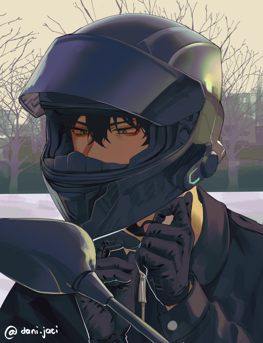 1boy absurdres alternate_costume biker biker_clothes black_gloves black_hair covered_mouth dan_heng_(honkai:_star_rail) danijaci301 english_commentary eyeliner gloves green_eyes hair_between_eyes helmet highres honkai:_star_rail honkai_(series) makeup male_focus motor_vehicle motorcycle_helmet outdoors red_eyeliner solo twitter_username upper_body