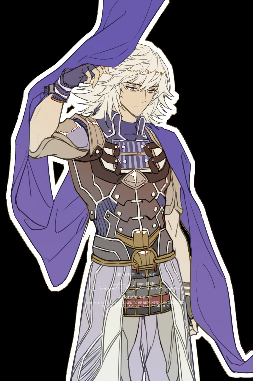 1boy armor artist_name black_background black_gloves cape commentary_request commission cowboy_shot fingerless_gloves gloves highres jin_(xenoblade) male_focus medium_hair muscular muscular_male purple_cape raininmoradain simple_background solo white_hair xenoblade_chronicles_(series) xenoblade_chronicles_2