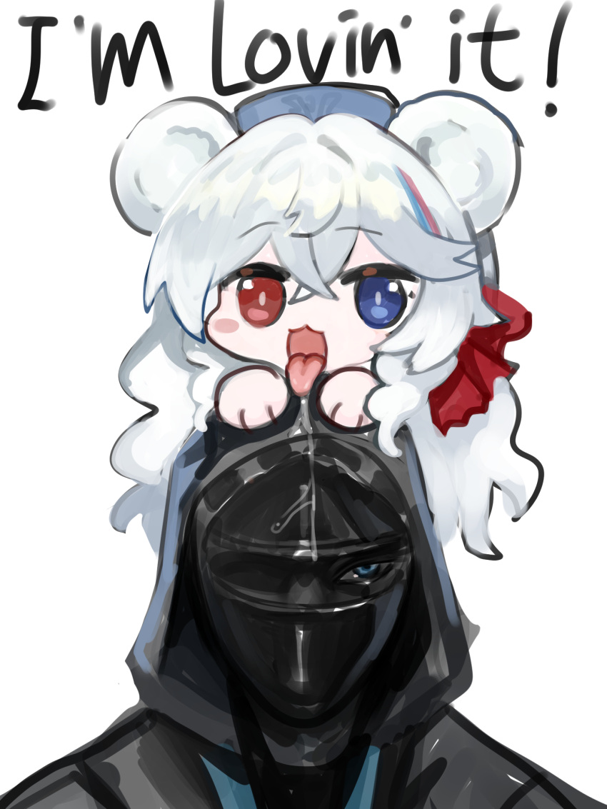 1girl 1other animal_ears arknights bear_ears black_jacket blue_eyes blue_hair blue_headwear blush_stickers chibi commentary_request doctor_(arknights) dokomon english_text hair_between_eyes heterochromia highres hood hood_up hooded_jacket jacket korean_commentary mini_person minigirl multicolored_hair on_head open_mouth red_eyes redhead rosa_(arknights) simple_background streaked_hair tongue tongue_out white_background white_hair