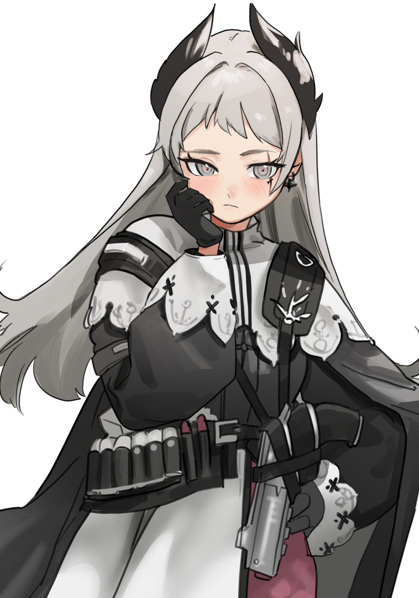 1girl absurdres ammunition_belt arknights black_cape black_dress blush cape cowboy_shot cross_scar dress earrings grey_eyes grey_hair gun hand_on_own_cheek hand_on_own_face hand_on_own_hip handgun head_wings highres holstered irene_(arknights) jewelry light_frown long_hair long_sleeves looking_at_viewer multicolored_clothes multicolored_dress pink_dress scar scar_across_eye simple_background solo u_no_nijiart weapon white_background white_dress wings