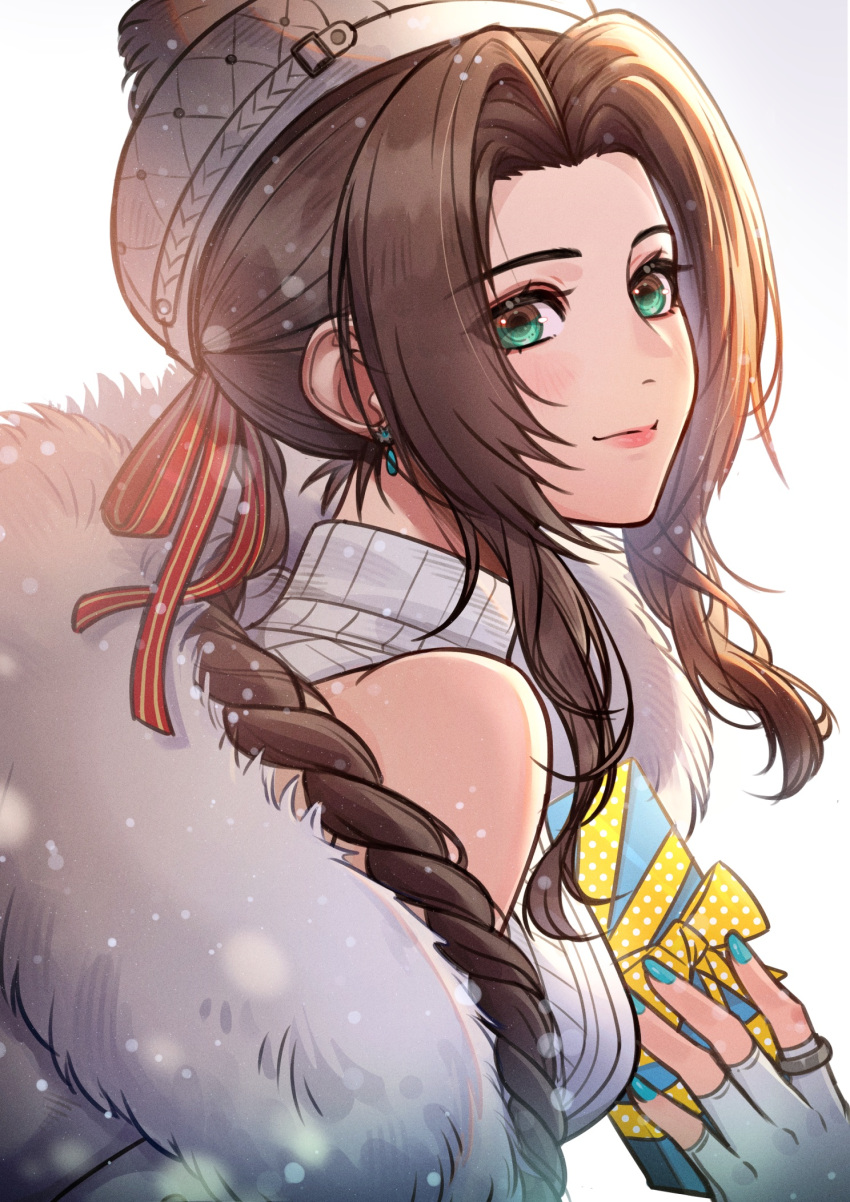 1girl aerith_gainsborough aerith_gainsborough_(fairy_of_snowfall) aqua_nails bare_shoulders box braid braided_ponytail breasts brown_hair closed_mouth coat coat_partially_removed dress earrings final_fantasy final_fantasy_vii final_fantasy_vii_ever_crisis final_fantasy_vii_remake fingerless_gloves fur-trimmed_coat fur_trim gift gift_box gloves green_eyes hair_ribbon halter_dress halterneck hat highres holding holding_box holding_gift jewelry leaning_forward light_blush long_hair lukrevadraws medium_breasts nail_polish official_alternate_costume parted_bangs pink_lips red_ribbon ribbon ring sidelocks single_braid smile snowflake_earrings solo upper_body wavy_hair white_background white_coat white_dress white_fur white_gloves white_headwear winter_clothes winter_coat