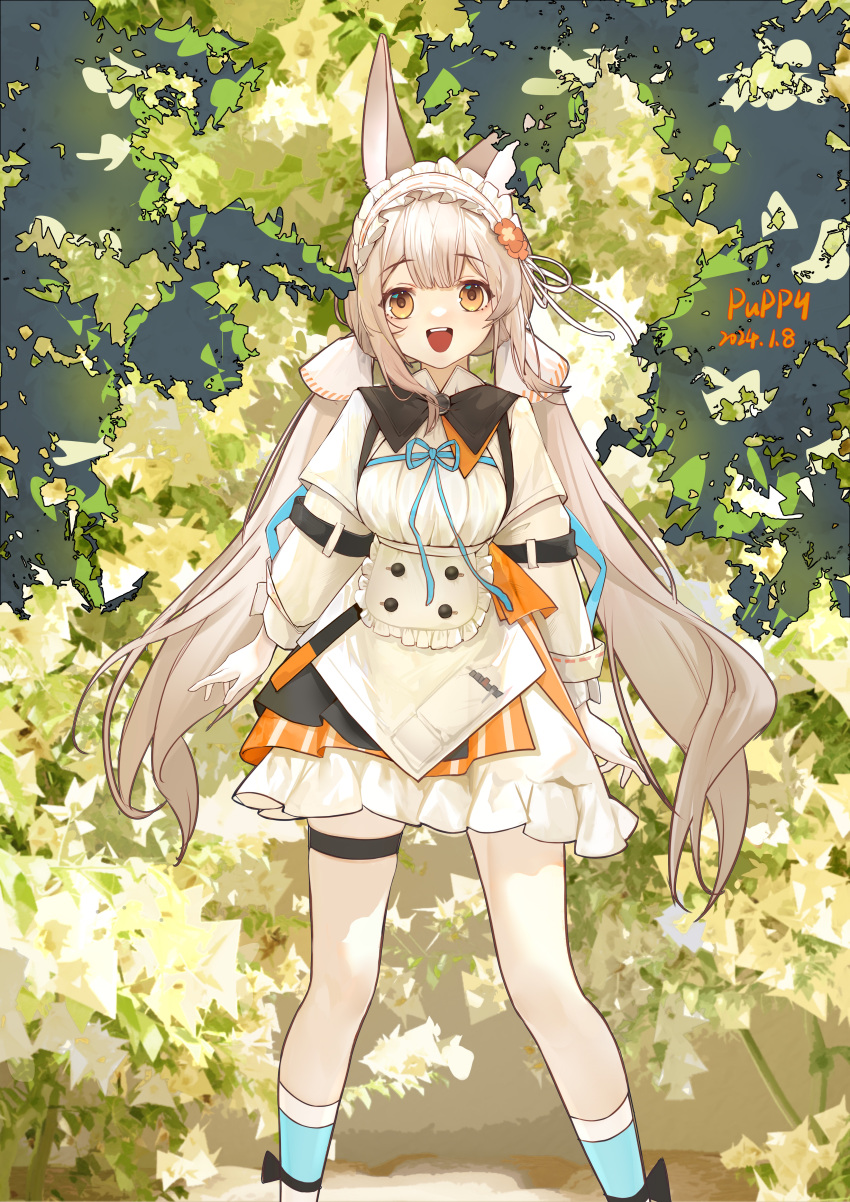 1girl absurdres animal_ears arknights artist_name blonde_hair blue_socks dated dress feet_out_of_frame highres leaf long_hair long_sleeves looking_at_viewer open_mouth puppy_(user_kfpt4478) rabbit_ears rabbit_girl socks solo straight-on teeth upper_teeth_only very_long_hair warmy_(arknights) white_dress yellow_eyes