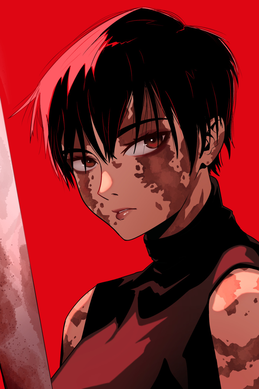 1girl absurdres allegedly_tom black_hair burn_scar commentary highres jujutsu_kaisen looking_at_viewer portrait red_background red_eyes scar short_hair simple_background sleeveless sleeveless_turtleneck solo sword tomboy turtleneck weapon zen'in_maki