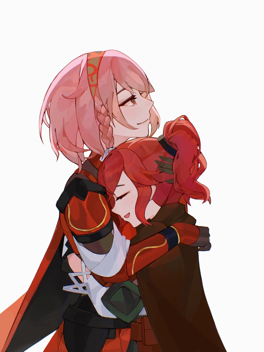 2girls absurdres anna_(fire_emblem) black_gloves brown_cape brown_gloves cape closed_mouth commentary fire_emblem fire_emblem_engage gloves highres hug lapis_(fire_emblem) mariirasuto7 medium_hair multiple_girls pink_hair ponytail red_cape red_eyes redhead simple_background smile white_background