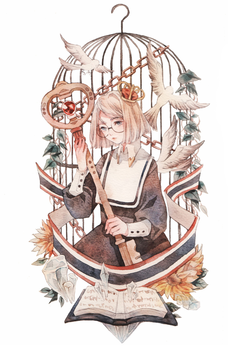 1girl banner bird birdcage black-framed_eyewear black_dress black_sleeves blonde_hair blue_eyes blunt_ends book buttons cage chain chinese_commentary collar collared_shirt commentary_request cowboy_shot crown crystal dress glasses gold_chain highres holding holding_key huangpi_sang key leaf long_sleeves looking_ahead mini_crown open_book original oversized_object painting_(medium) parted_lips plant puffy_long_sleeves puffy_sleeves red_headwear red_lips round_eyewear shirt short_hair simple_background solo traditional_media vines watercolor_(medium) white_background white_bird white_collar
