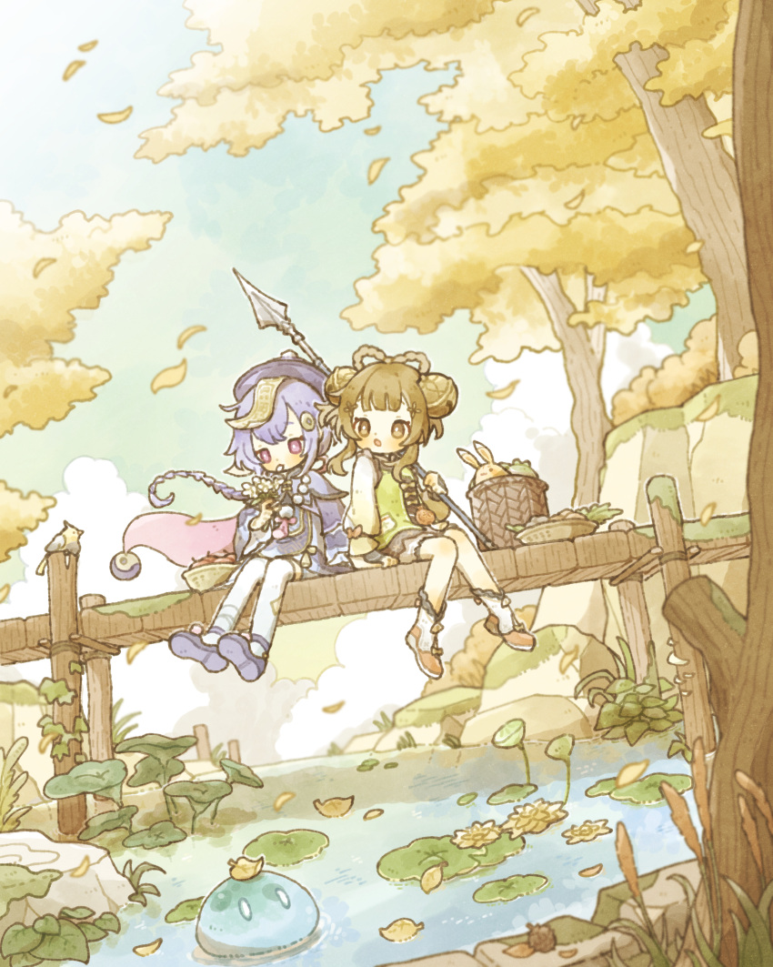 2girls :o arm_support bandaged_leg bandages basket bead_necklace beads bell bird black_dress bloomers blue_sky blunt_bangs blurry blurry_foreground blush boots bow bow-shaped_hair braid braided_ponytail bridge bright_pupils brown_eyes brown_hair cape capelet cattail chinese_clothes closed_mouth clouds coin_hair_ornament commentary_request day double-parted_bangs dress falling_leaves floating_hair flower food fur-trimmed_boots fur_trim genshin_impact green_jacket hair_bell hair_ornament hand_up hat highres holding holding_flower holding_polearm holding_weapon jacket jewelry jingle_bell leaf leaf_on_head lily_pad long_hair long_sleeves lotus lotus_leaf lotus_pod medium_hair moss multiple_girls necklace ofuda ofuda_on_head open_mouth orb outdoors pinecone plant polearm pom_pom_(clothes) purple_cape purple_capelet purple_dress purple_footwear purple_hair purple_headwear qingdai_guanmao qiqi_(genshin_impact) radish rock shionosuke shoes sidelocks single_braid sitting sky slime_(creature) slime_(genshin_impact) tassel thigh-highs tree violet_eyes water water_lily_flower weapon white_bloomers white_flower white_footwear white_pupils white_thighhighs wide_sleeves yaoyao_(genshin_impact) yellow_flower yin_yang yin_yang_orb yuegui_(genshin_impact)