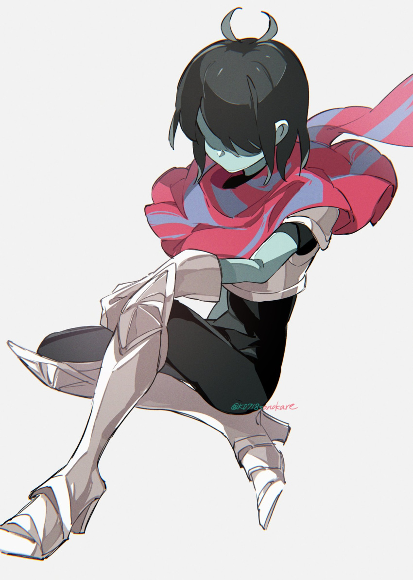 1other androgynous antenna_hair armor artist_name black_bodysuit black_hair bodysuit bodysuit_under_clothes breastplate colored_skin commentary deltarune faceless floating_scarf from_side full_body gauntlets greaves green_skin hand_on_own_knee hashtag_only_commentary highres knee_up kris_(deltarune) other_focus pink_scarf scarf shaded_face short_hair signature simple_background sitting solo sonokare swept_bangs white_background yokozuwari